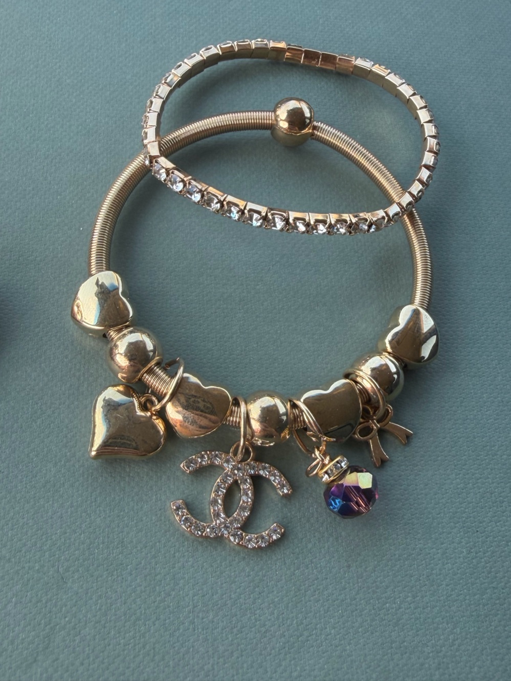 CC Gold-Tone Charm Bracelet and-Tennis Style Elastic Bracelet